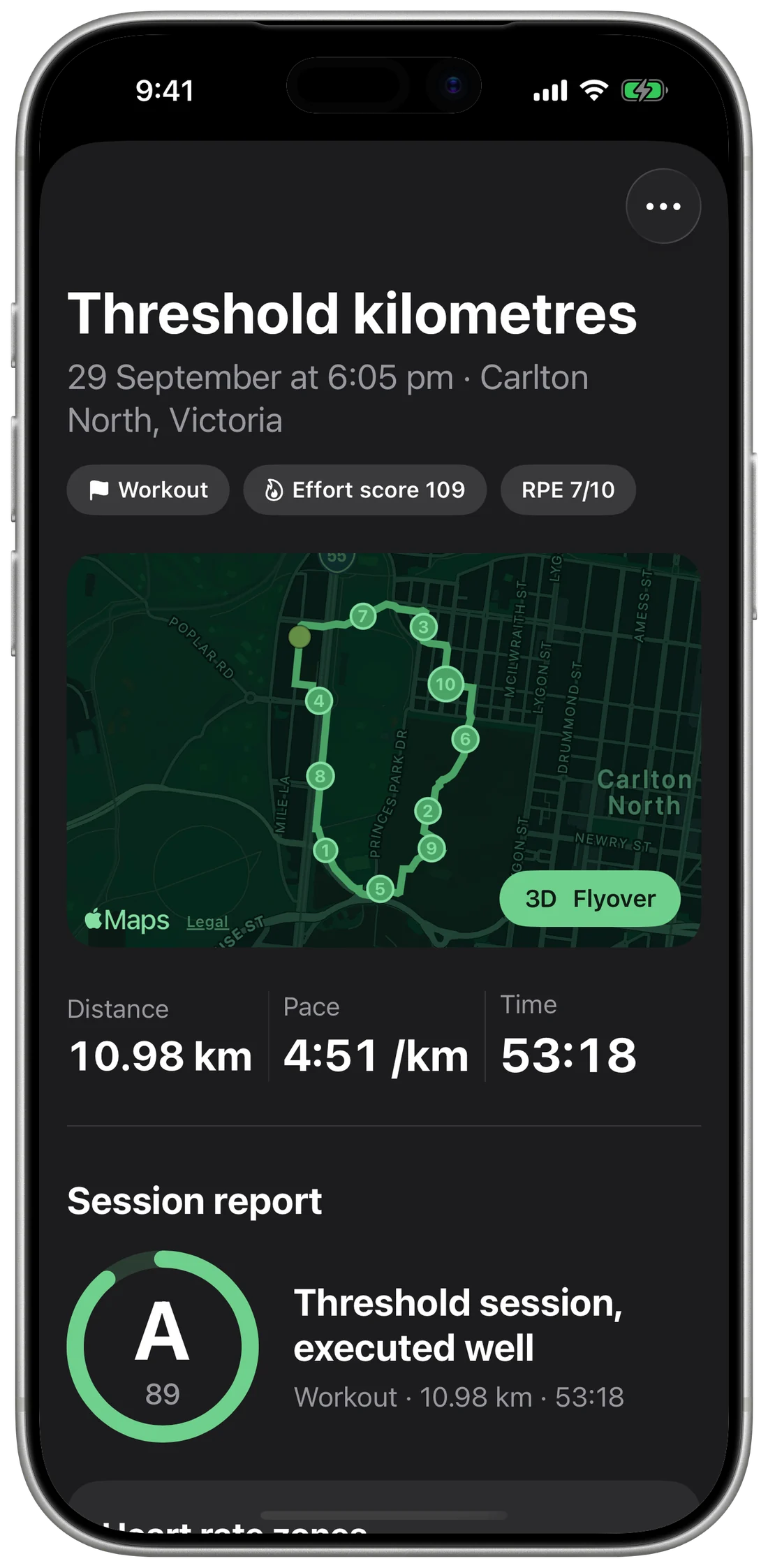 A threshold run with its route map and a session report graded A