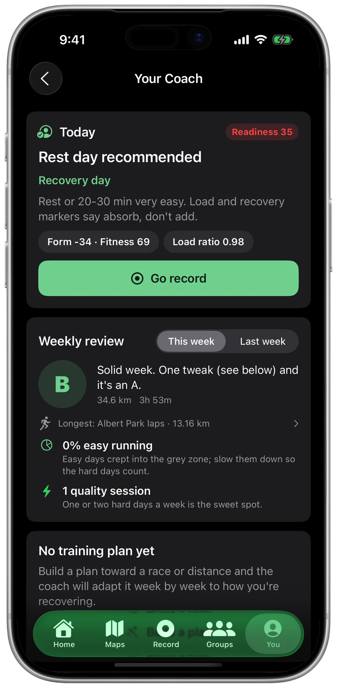 Your Coach: rest day recommended, readiness 35, form minus 34, fitness 69, and a weekly review graded B