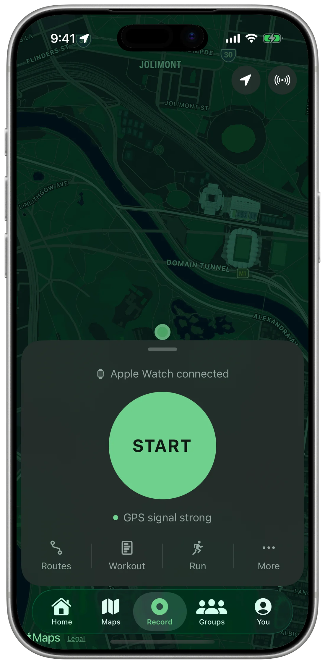 Record screen over a map of the Yarra and the MCG, with Apple Watch connected and a large Start button