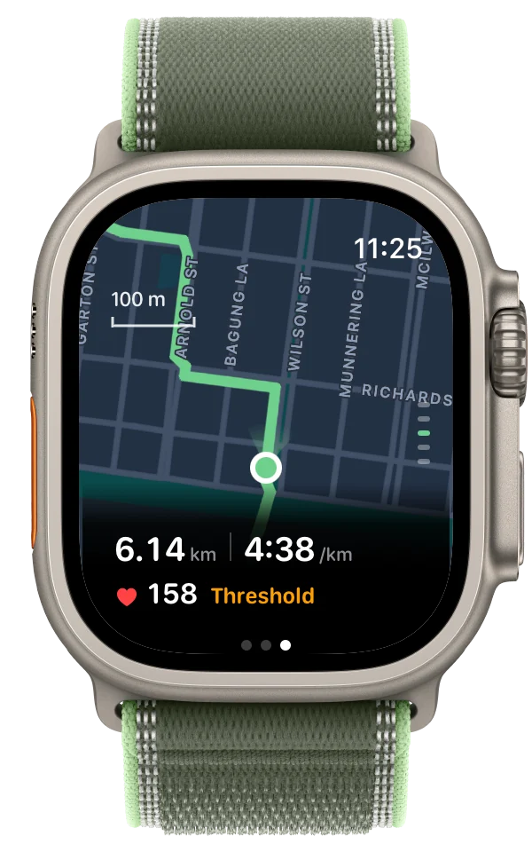 Pelt map page on Apple Watch following the runner through Carlton North, with a 100 metre scale, distance 6.14 km, pace 4:38 per km, heart rate 158 and Threshold along the bottom